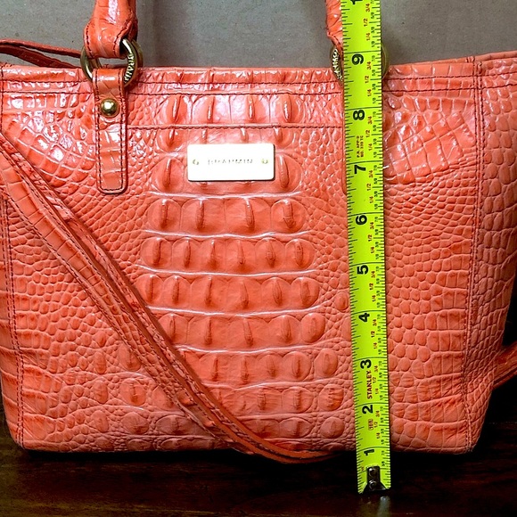 BRAHMIN Croc Embossed Leather Rolled Top Handle Tangerine Satchel Shoulder Bag - Picture 11 of 17